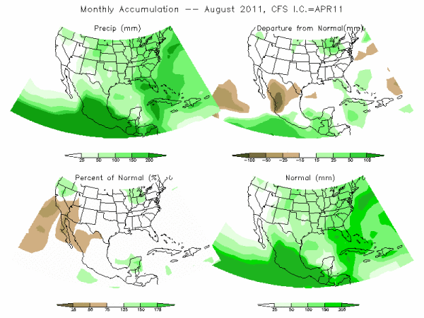 CFS Model Precipitation (mm) for AUG11 - IC APR 2011