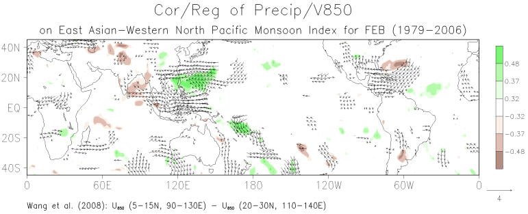 February patterns of the correlation between grid-point precipitation and the East Asian  Western North Pacific monsoon index and the regression of grid-point 850-mb winds on the monsoon index