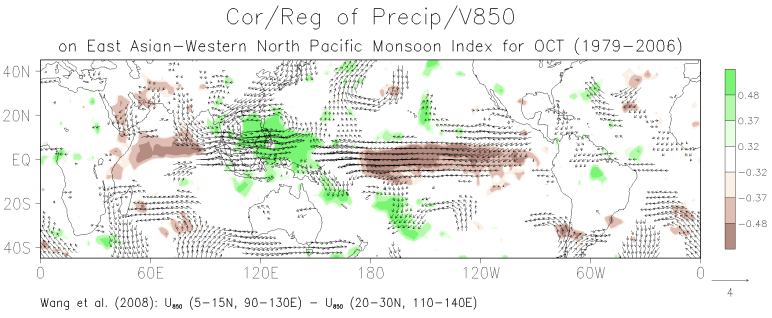 October patterns of the correlation between grid-point precipitation and the East Asian  Western North Pacific monsoon index and the regression of grid-point 850-mb winds on the monsoon index
