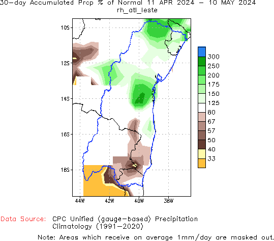 30-Day Percent of Normal Precipitation (%)