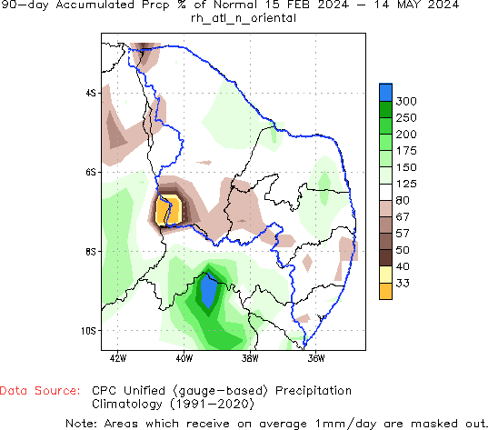 90-Day Percent of Normal Precipitation (%)