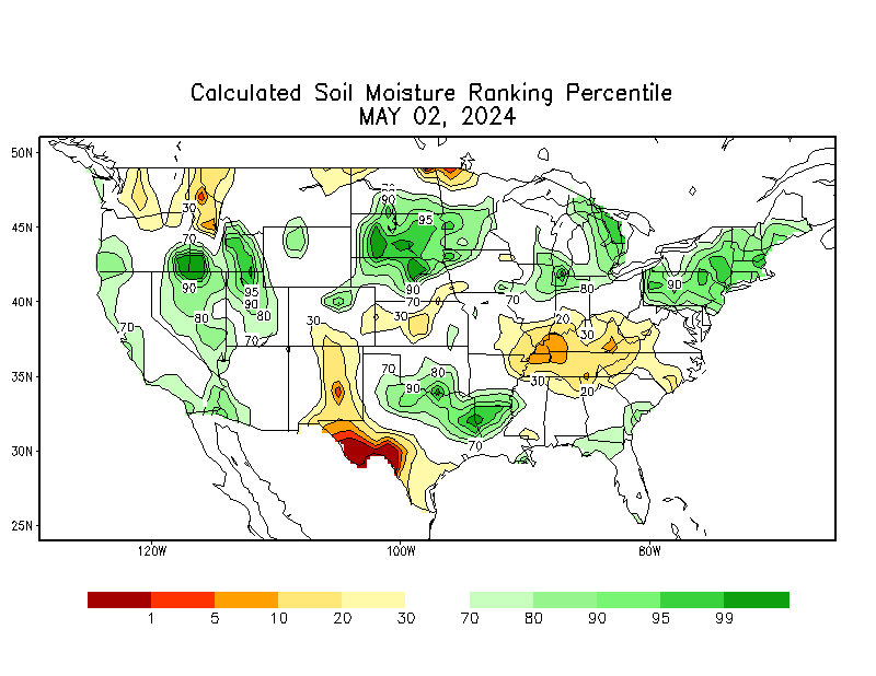 Map showing the daily soil moisture percentile from the Climate Prediction Center