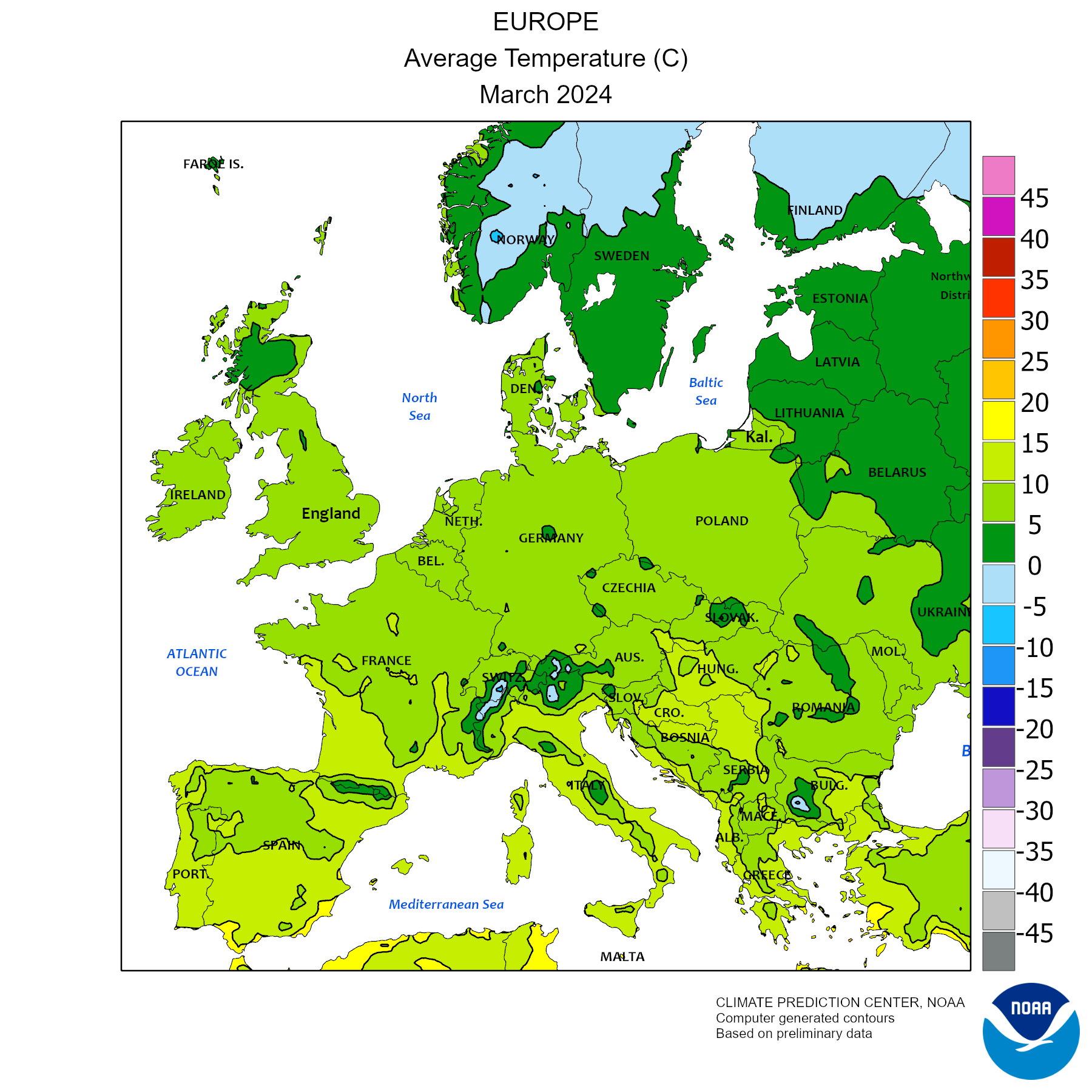 Media delle temperature in europa ultimo mese