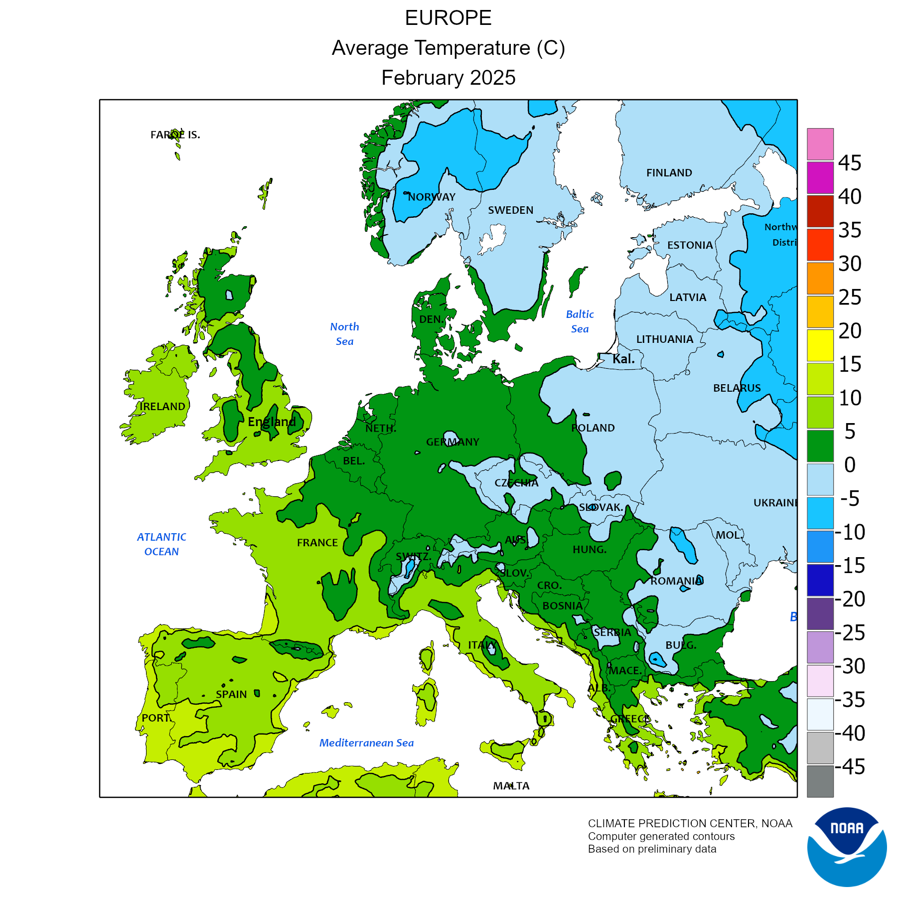 Media delle temperature in europa ultimo mese