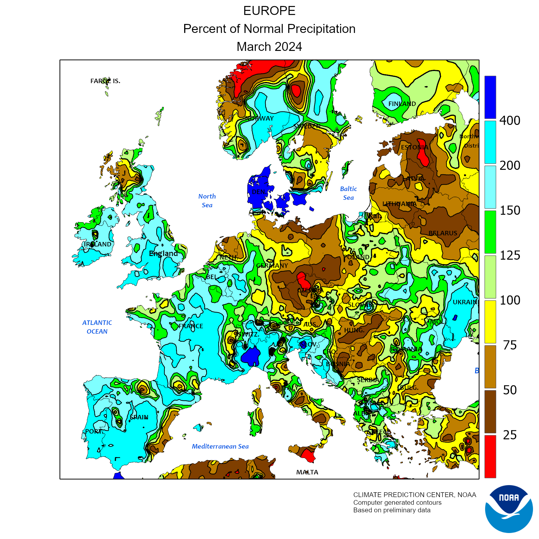 Anomalie Precipitazioni in europa ultimo mese