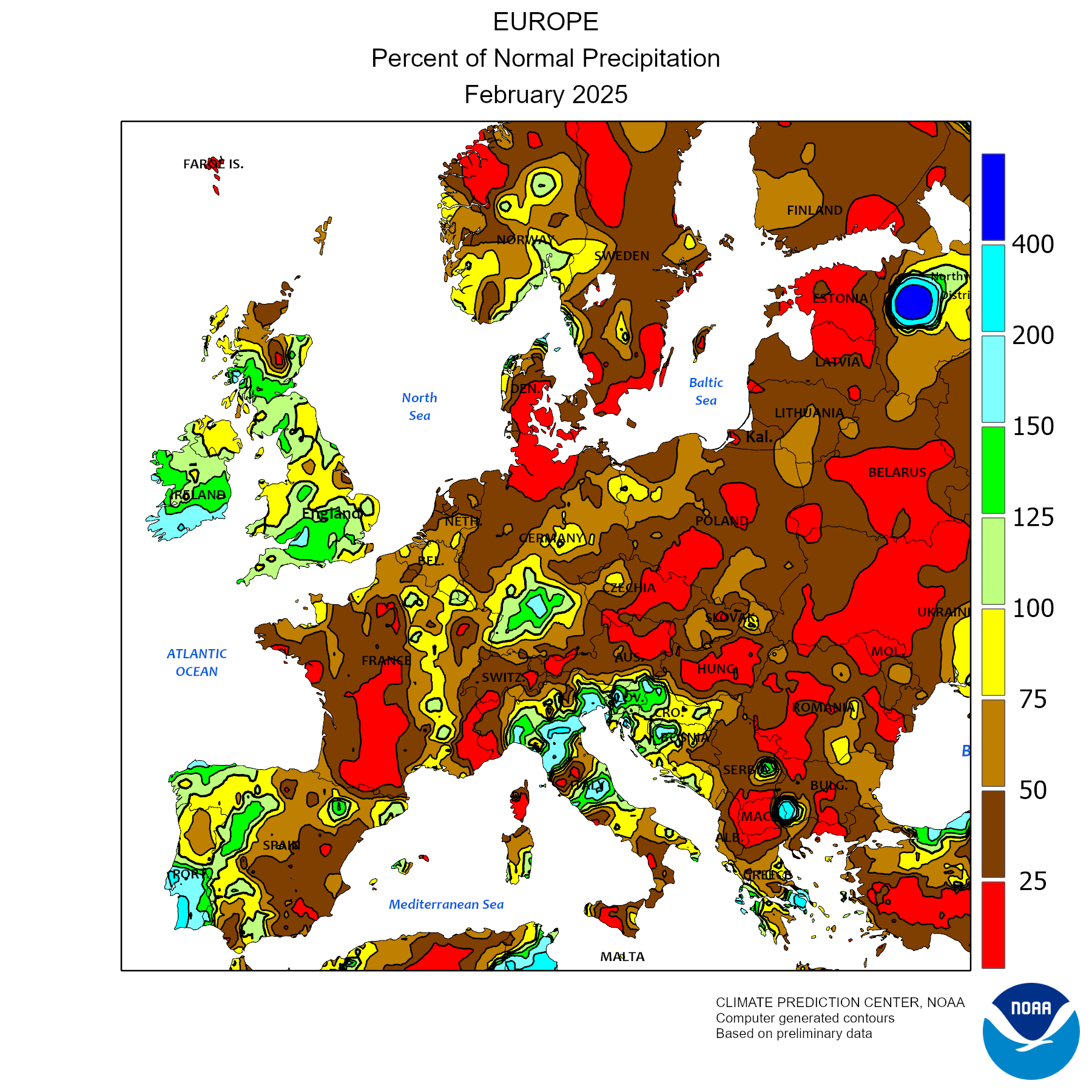 Anomalie Precipitazioni in europa ultimo mese