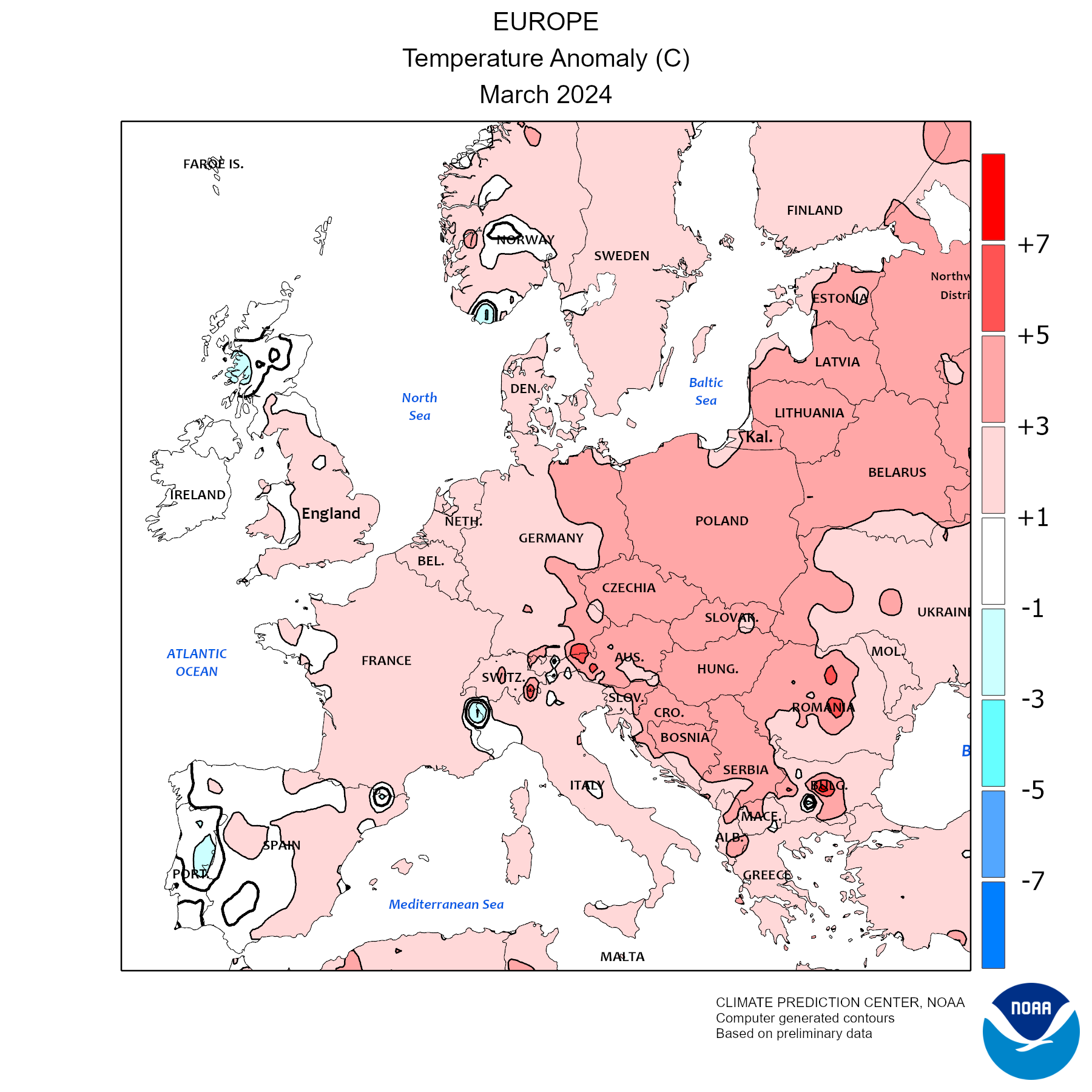 Temperature Anomalies chart for past month over Europe