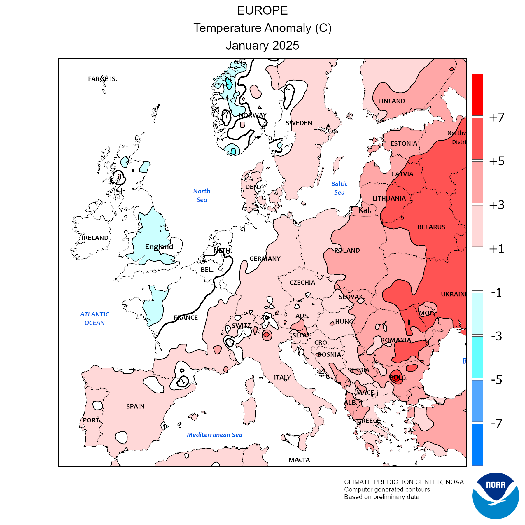 Temperature Anomalies chart for past month over Europe