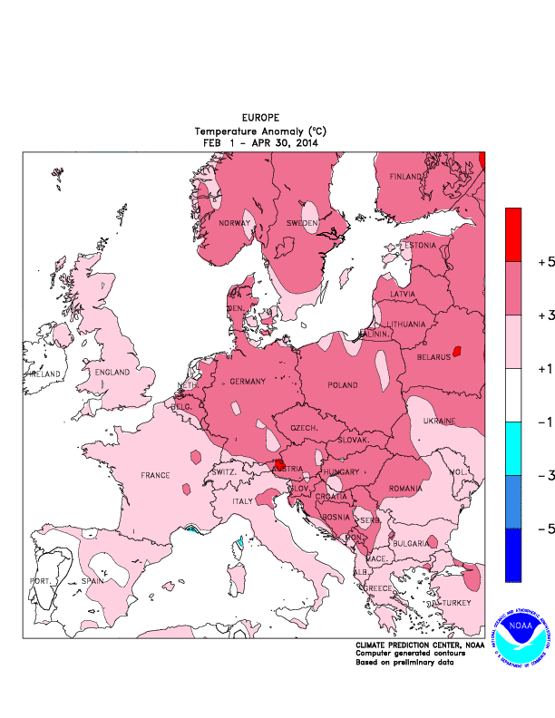 Anomalie des températures sur le trimestre précédent