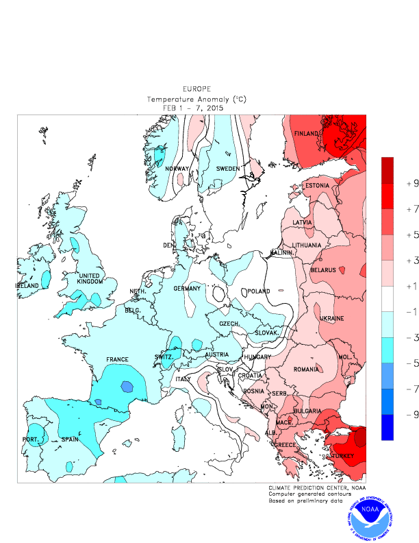 Carte des anomalies de température pour la semaine écoulée