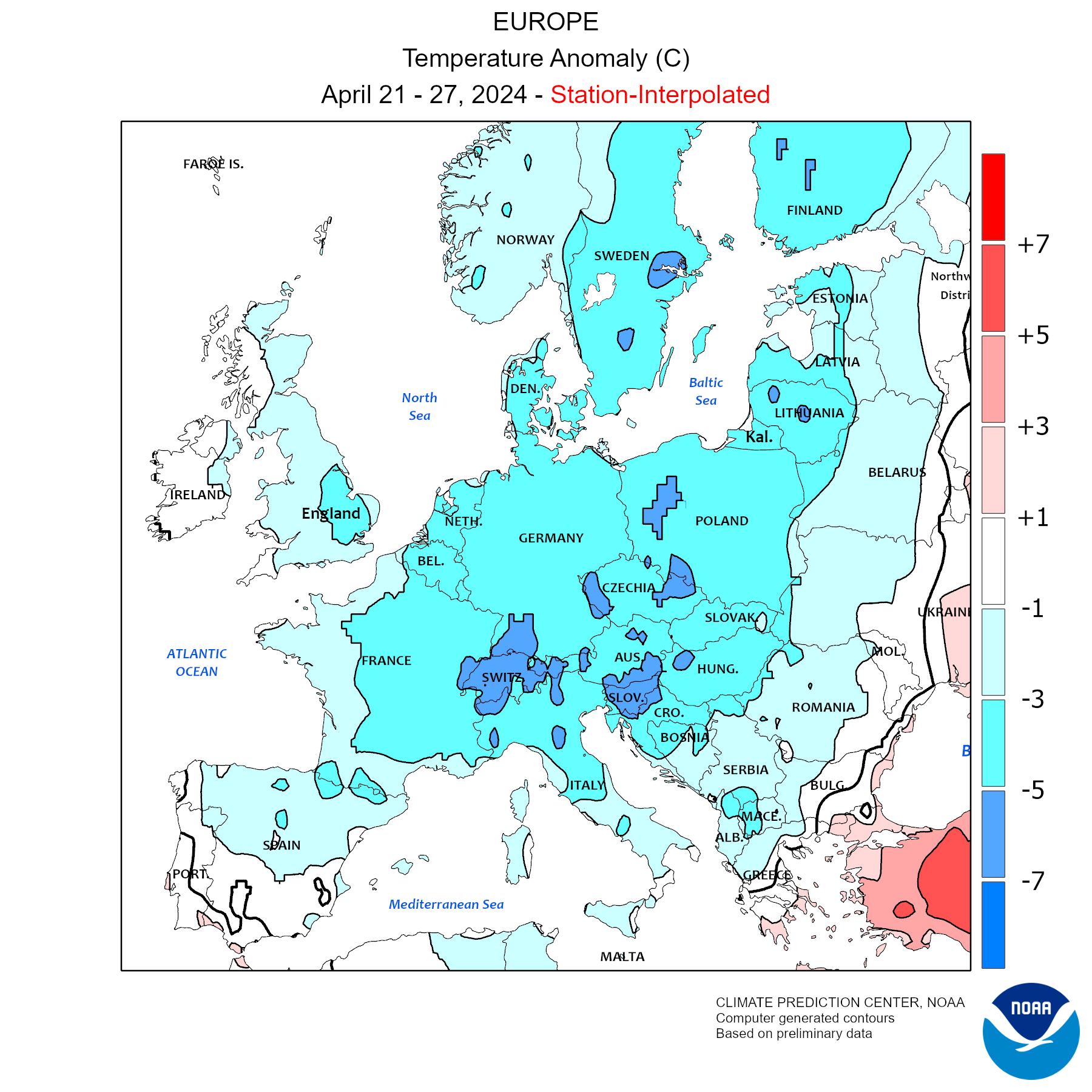 Anomalie termiche in europa nella scorsa settimana