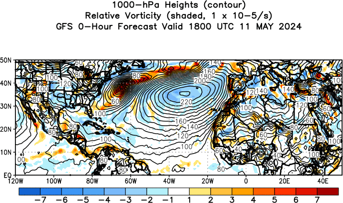 GFS Forecast 1000 hPa Heights and Relative Vorticity