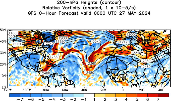 GFS Forecast 200 hPa Heights and Relative Vorticity
