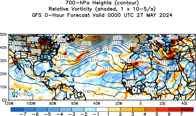 GFS Forecast 700 hPa Heights and Relative Vorticity