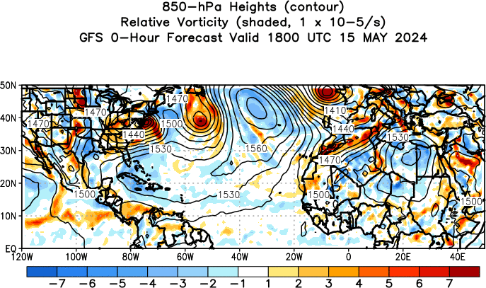 GFS Forecast 850 hPa Heights and Relative Vorticity