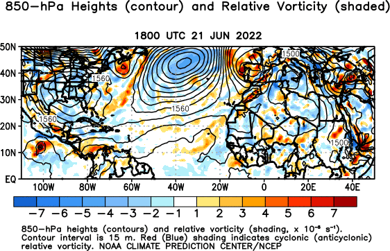 Atlantic Observed 850 hPa Heights and Relative Vorticity