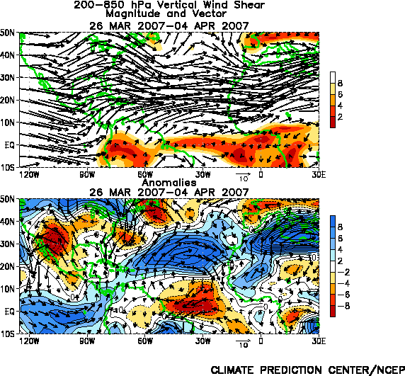 200-850 hPa Vertical Wind Shear & Anomalies (Last 10 days) 