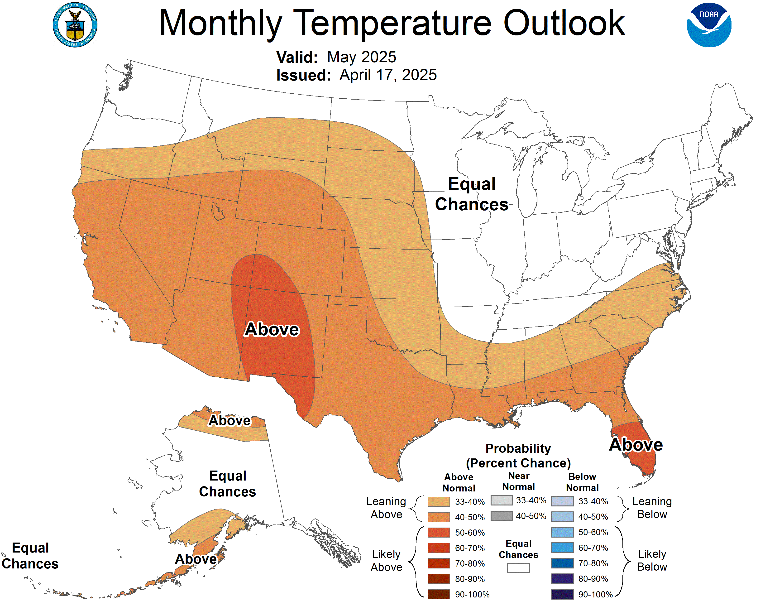 Current one month temperature probability outlook from Climate Prediction Center