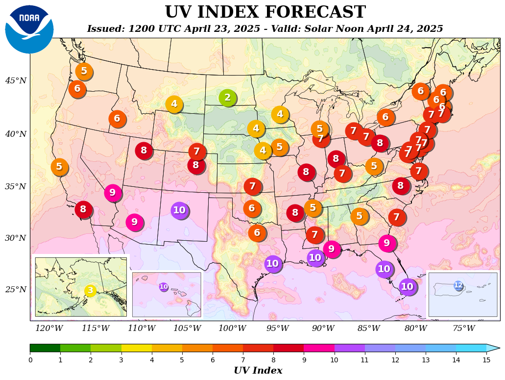 Map of UV Index forecasts for 58 U.S. cities colored coded to their exposure 