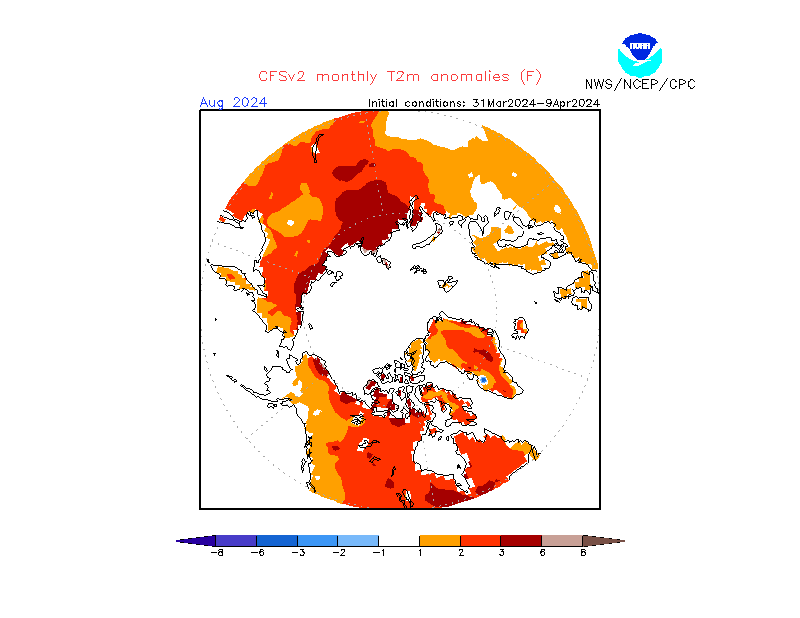 2 m temperature anomalies in Arctic. Month +4. Ensemble 1.