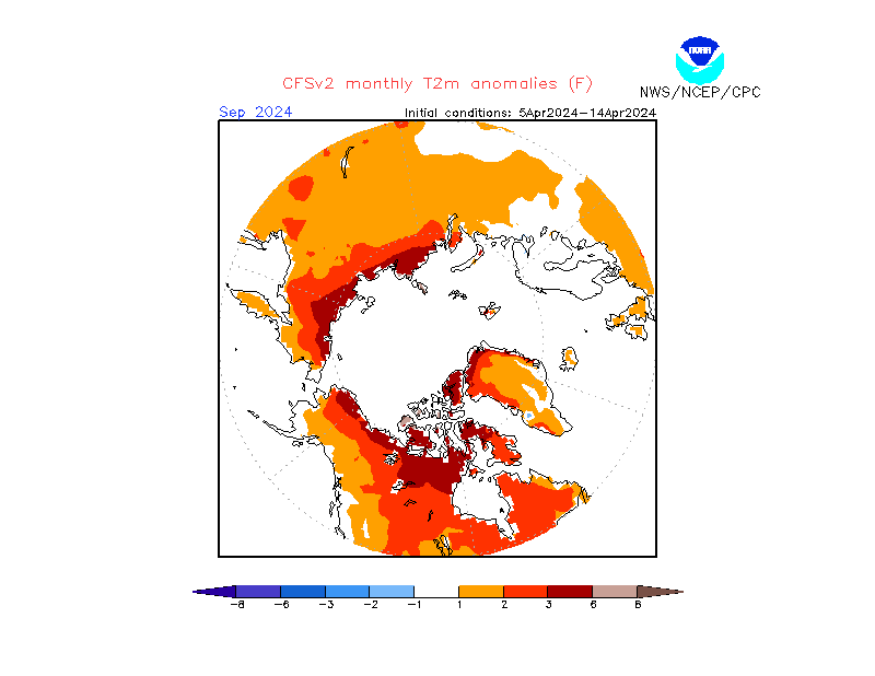 2 m temperature anomalies in Arctic. Month +5. Ensemble 1.