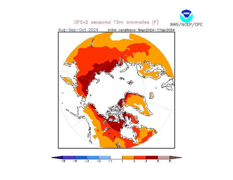 2 m temperature anomalies in Arctic. 3-Months +4. Ensemble 1.