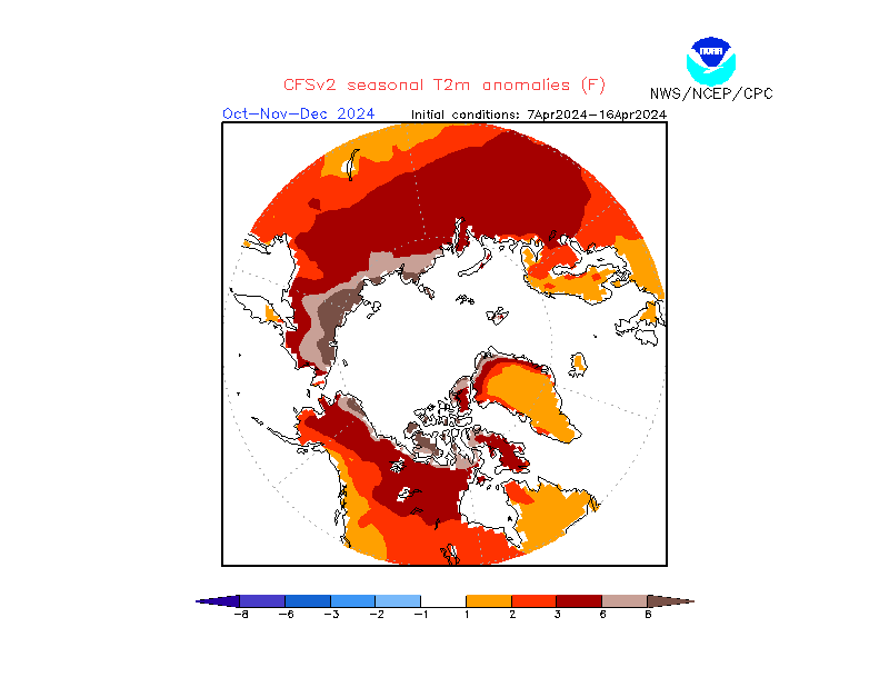 2 m temperature anomalies in Arctic. 3-Months +6. Ensemble 1.