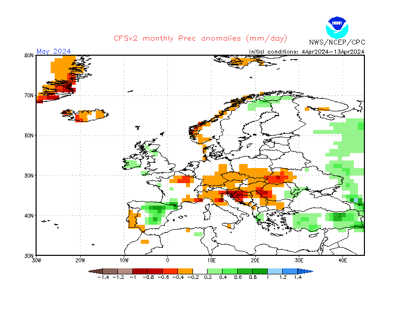 Precipitation anomalies in Europe. Month +1. Ensemble 1.