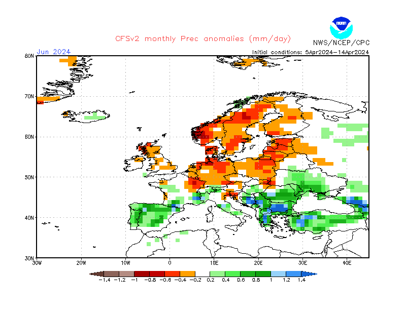 Precipitation anomalies in Europe. Month +2. Ensemble 1.