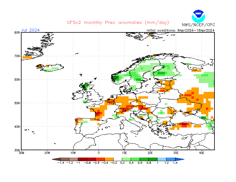 Precipitation anomalies in Europe. Month +3. Ensemble 1.