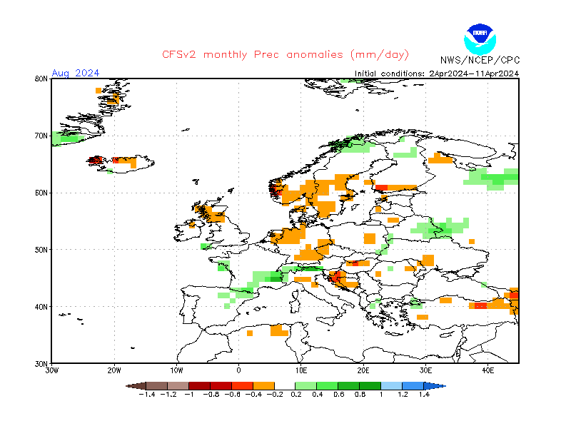 Precipitation anomalies in Europe. Month +4. Ensemble 1.