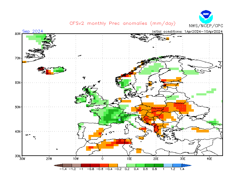 Precipitation anomalies in Europe. Month +5. Ensemble 1.