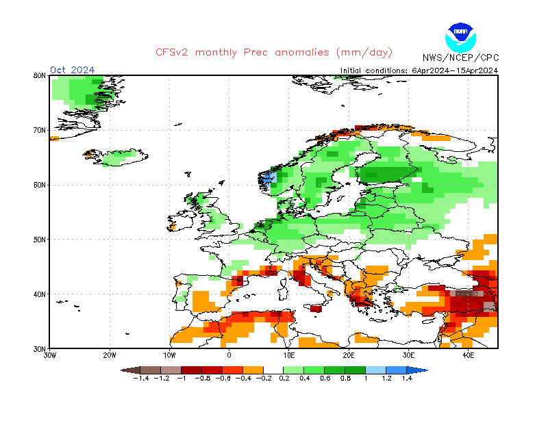Precipitation anomalies in Europe. Month +6. Ensemble 1.