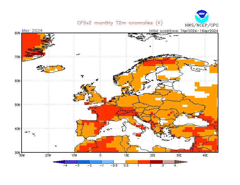 2 m temperature anomalies in Europe. Month +1. Ensemble 1.