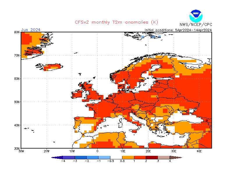 2 m temperature anomalies in Europe. Month +2. Ensemble 1.