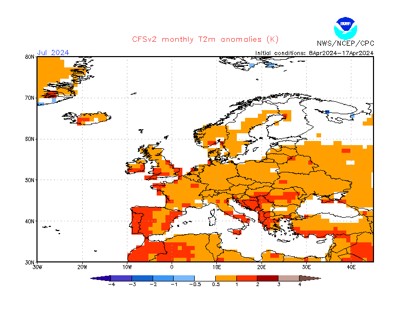 2 m temperature anomalies in Europe. Month +3. Ensemble 1.