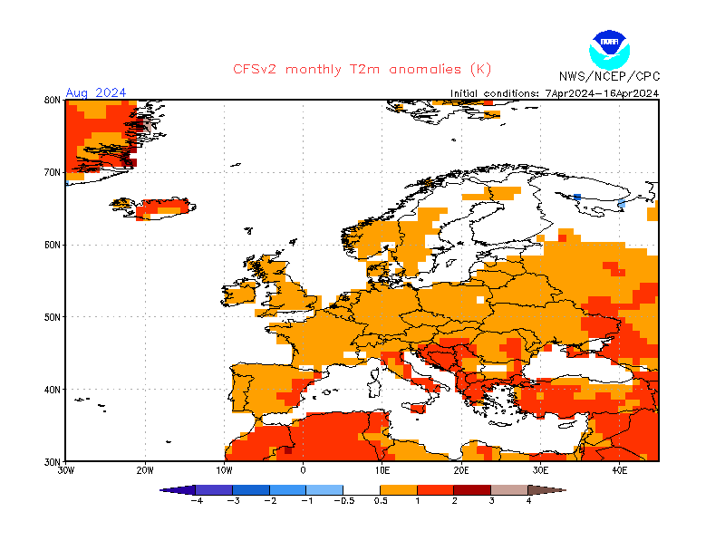 2 m temperature anomalies in Europe. Month +4. Ensemble 1.