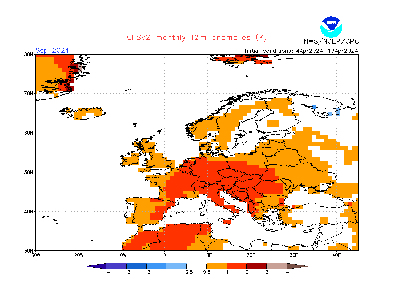 2 m temperature anomalies in Europe. Month +5. Ensemble 1.
