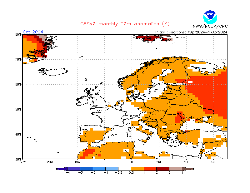 2 m temperature anomalies in Europe. Month +6. Ensemble 1.