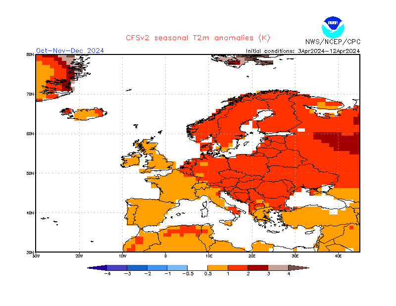 2 m temperature anomalies in Europe. 3-Months +6. Ensemble 1.