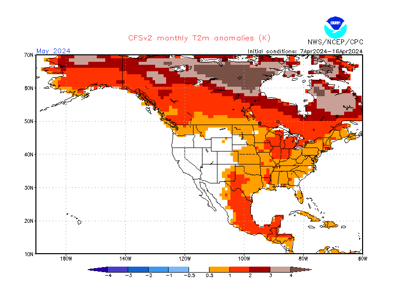 2 m temperature anomalies in North-America. Month +1. Ensemble 1.