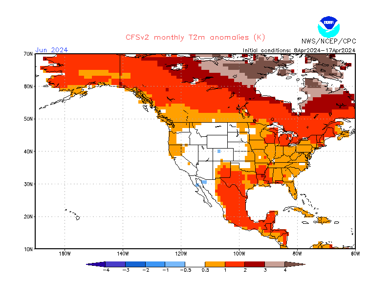 2 m temperature anomalies in North-America. Month +2. Ensemble 1.