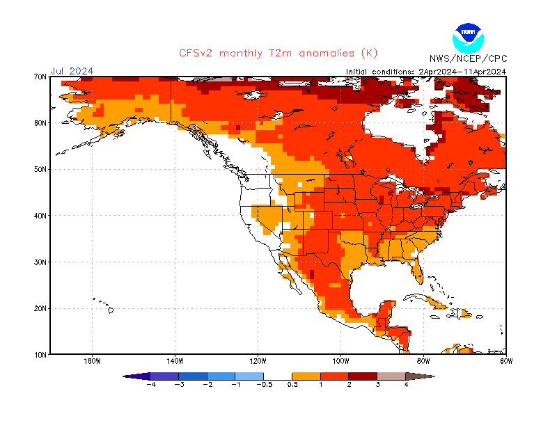 2 m temperature anomalies in North-America. Month +3. Ensemble 1.