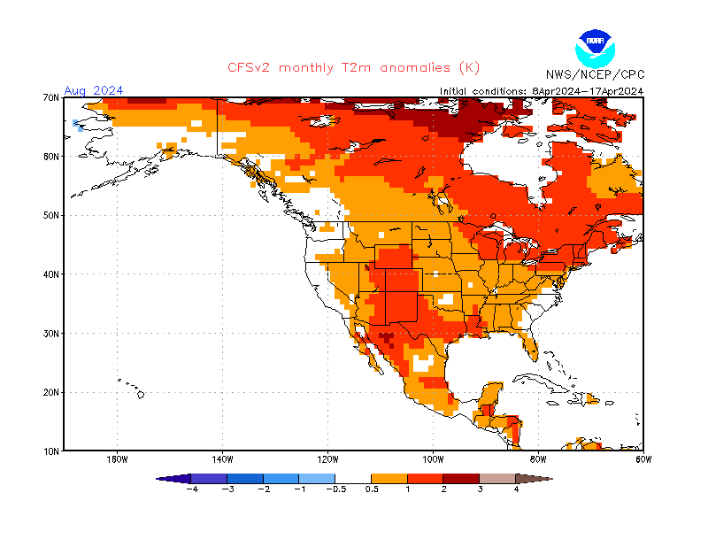2 m temperature anomalies in North-America. Month +4. Ensemble 1.