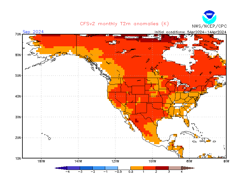 2 m temperature anomalies in North-America. Month +5. Ensemble 1.
