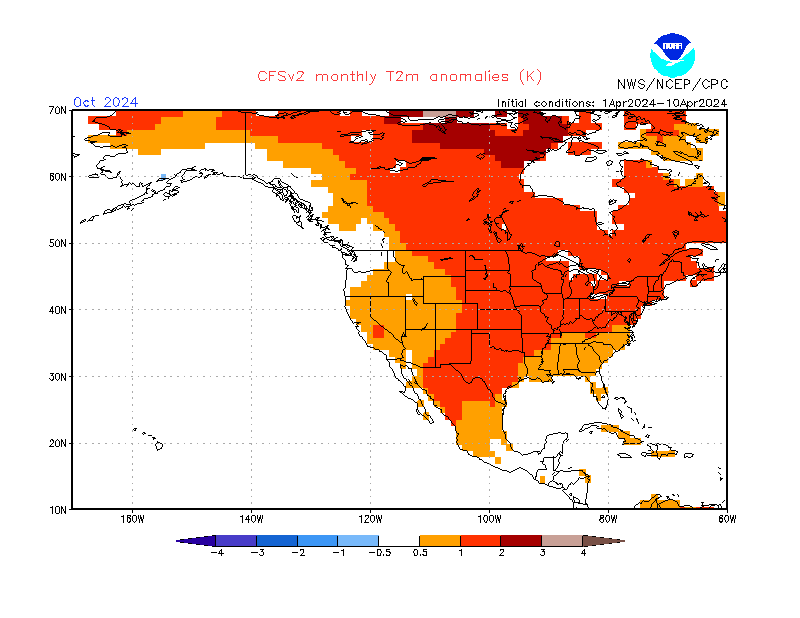 2 m temperature anomalies in North-America. Month +6. Ensemble 1.