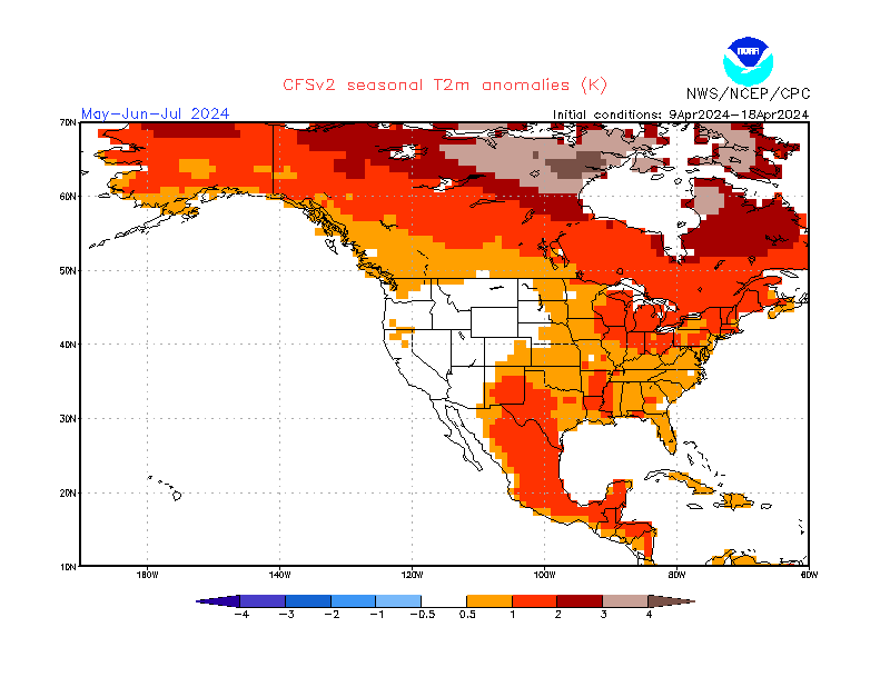 2 m temperature anomalies in North-America. 3-Months +1. Ensemble 1.