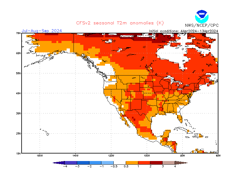 2 m temperature anomalies in North-America. 3-Months +3. Ensemble 1.