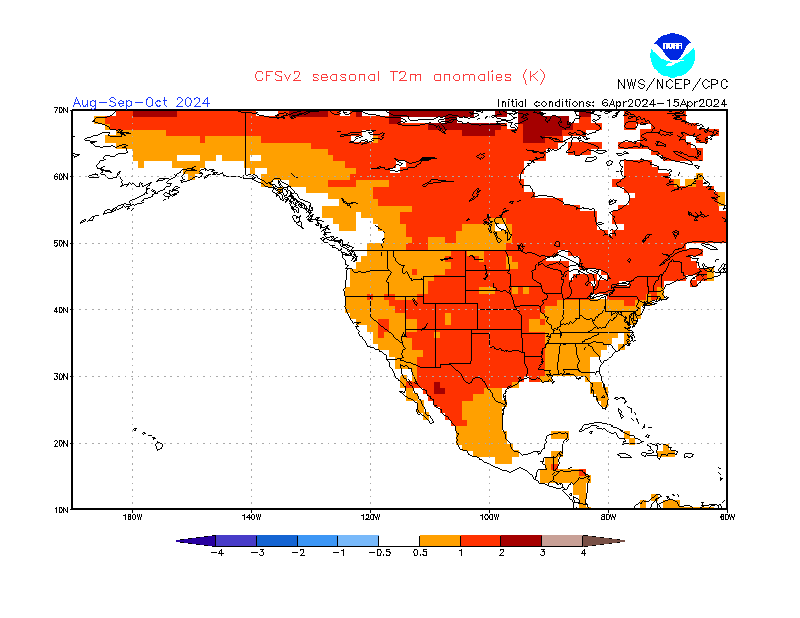 2 m temperature anomalies in North-America. 3-Months +4. Ensemble 1.