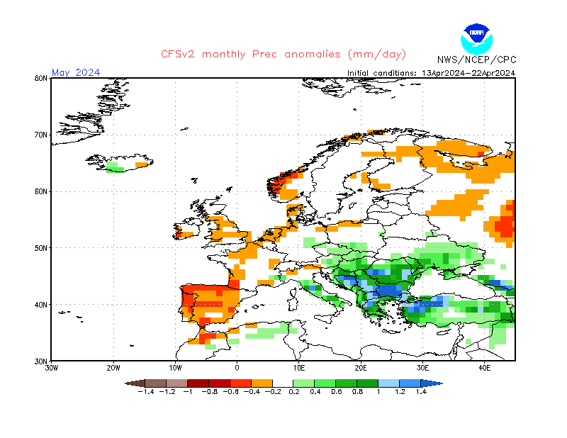 Precipitation anomalies in Europe. Month +1. Ensemble 2.